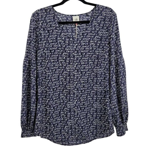 Cabi Long Sleeve Blouse M Blue Te Amo Spell Out Puff Statement Sleeve Pull Over - Picture 1 of 14